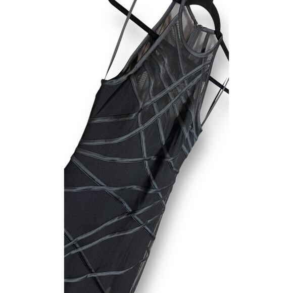 90s Tadashi Bodycon Dress Ribbon Accent Mesh Sheer Mini Maxi Gown Avant Garde - Picture 2 of 4